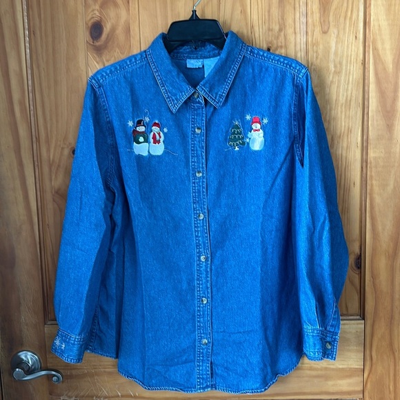 Holiday edition denim Christmas themed snowman winter button down. - Picture 1 of 7